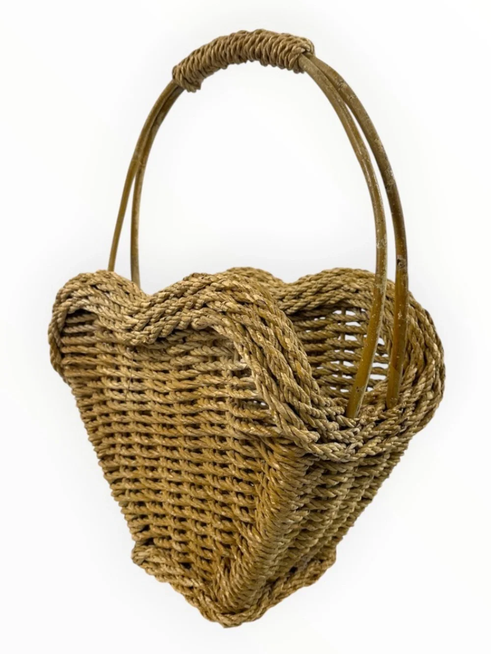 Vintage Large Heart Shaped Woven Wicker Basket 22” Rustic Double Handle